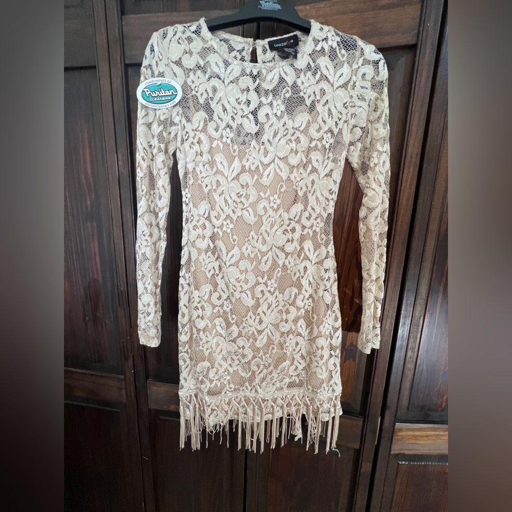 Teeze Me Cream‎ Lace Dress with Fringe